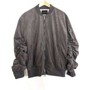 LIFTED ANCHORS Jacket Men's M Gray Suede‎ Bird Bomber Zip Ruched Stretch Sleeves